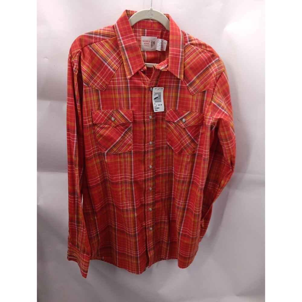 Vintage Saddle King Shirt Mens Size X Large Tall Plaid Pearl Snap Western Cowboy